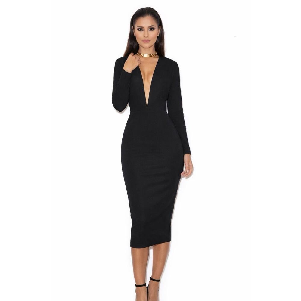 NWT House of CB Dominique Plunge Bodycon Midi Dress Black Women's Size S